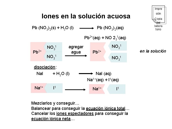Impre Iones en la solución acuosa Pb (NO 3)2(s) + H 2 O (l)