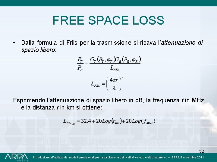 FREE SPACE LOSS • Dalla formula di Friis per la trasmissione si ricava l’attenuazione