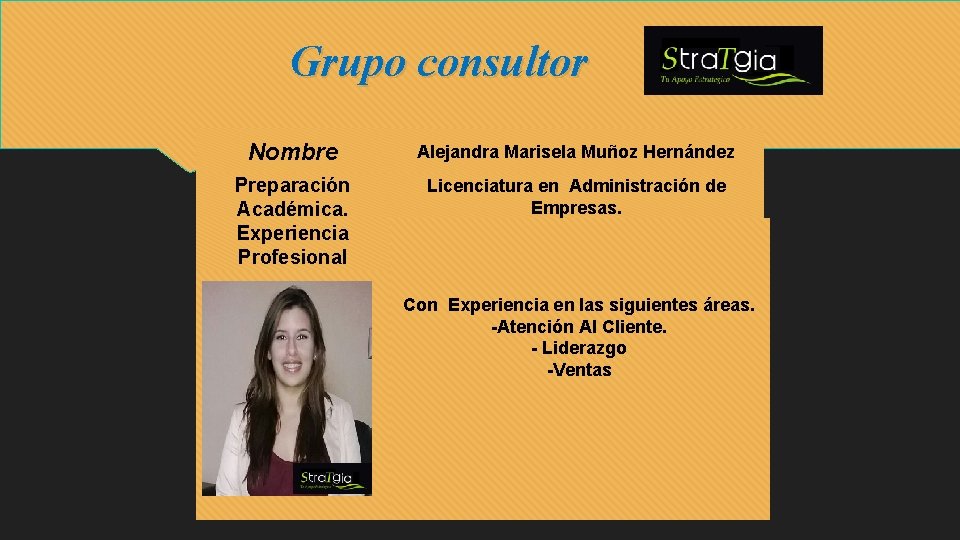 Grupo consultor Nombre Alejandra Marisela Muñoz Hernández Preparación Académica. Experiencia Profesional Licenciatura en Administración