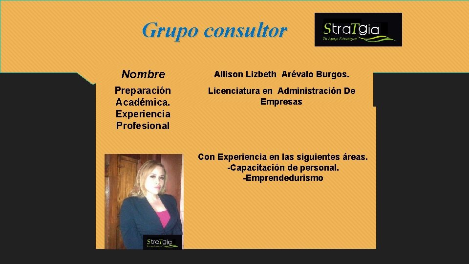 Grupo consultor Nombre Allison Lizbeth Arévalo Burgos. Preparación Académica. Experiencia Profesional Licenciatura en Administración