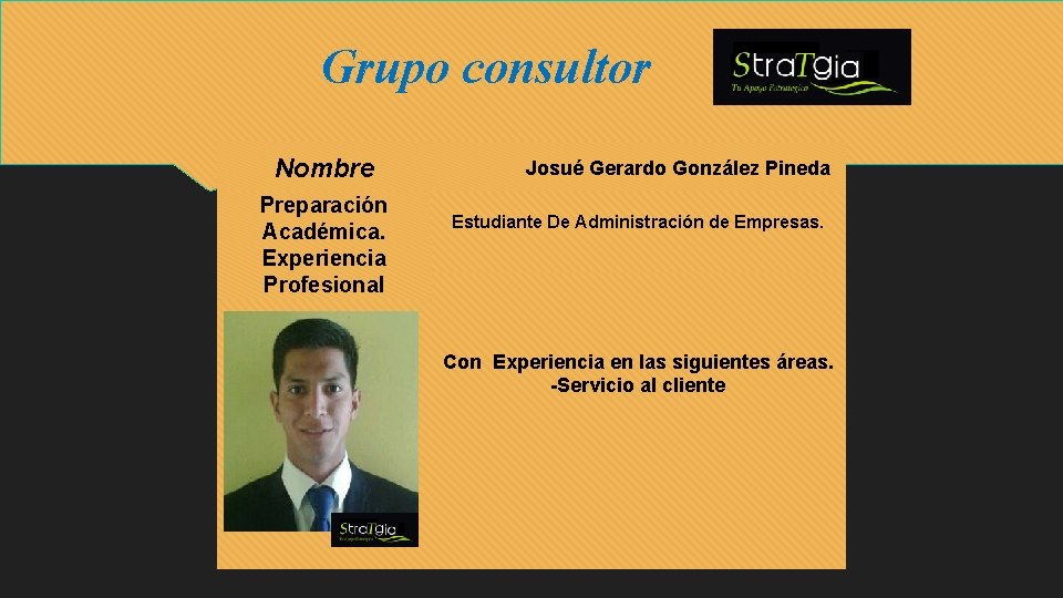 Grupo consultor Nombre Preparación Académica. Experiencia Profesional Josué Gerardo González Pineda Estudiante De Administración