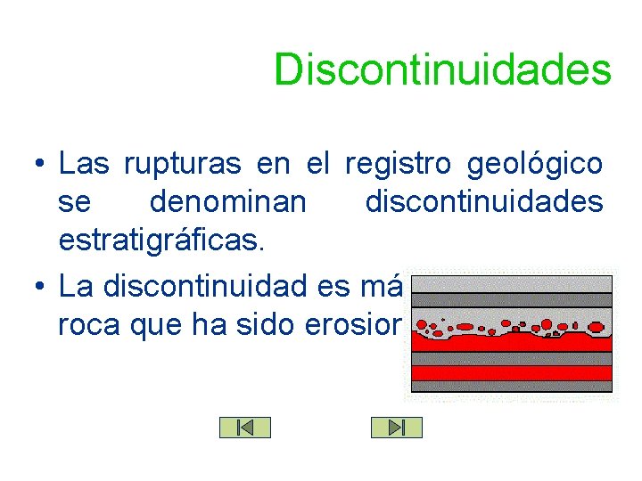Discontinuidades • Las rupturas en el registro geológico se denominan discontinuidades estratigráficas. • La