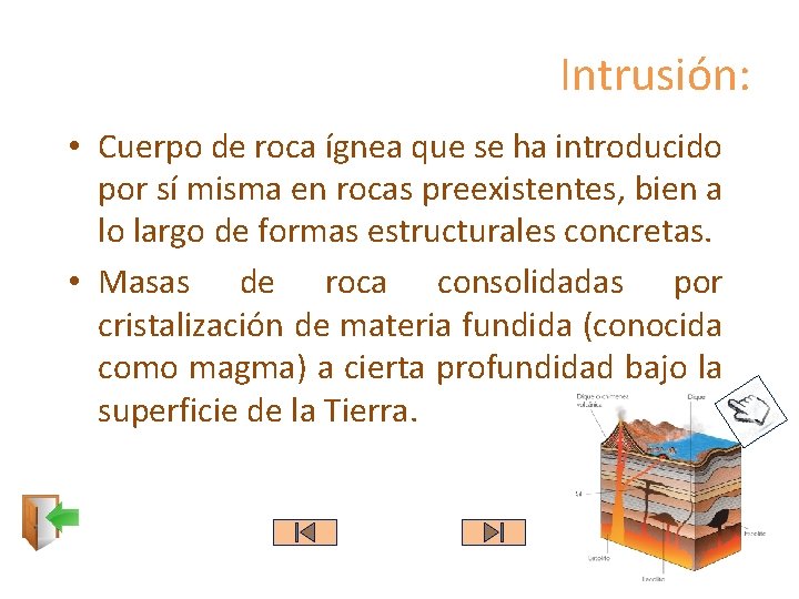 Intrusión: • Cuerpo de roca ígnea que se ha introducido por sí misma en