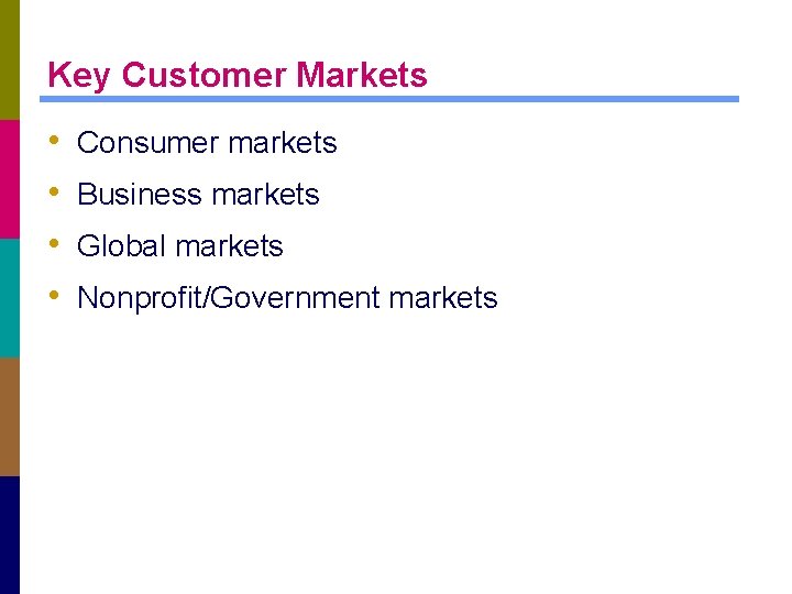 Key Customer Markets • • Consumer markets Business markets Global markets Nonprofit/Government markets 