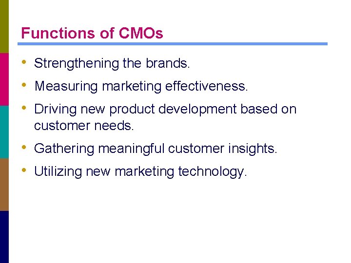 Functions of CMOs • Strengthening the brands. • Measuring marketing effectiveness. • Driving new