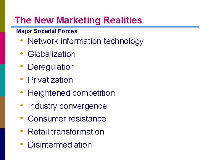 The New Marketing Realities Major Societal Forces • • • Network information technology Globalization