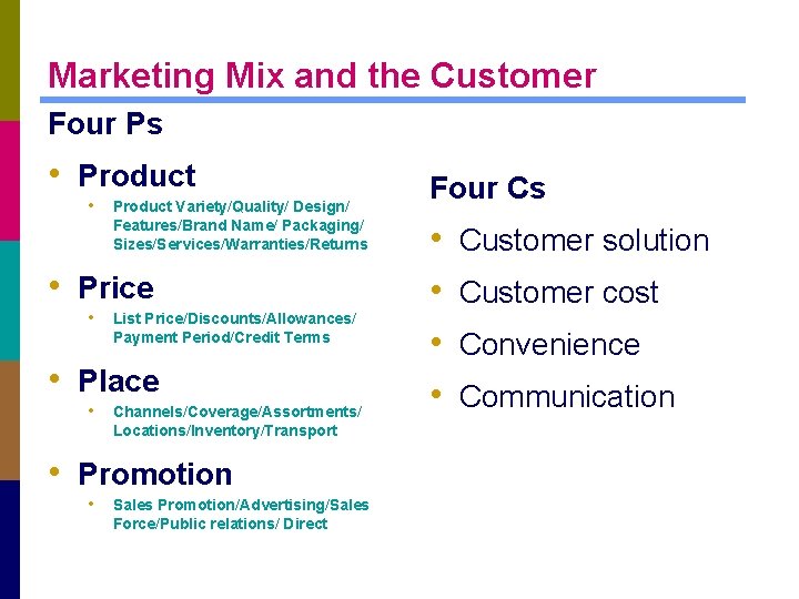 Marketing Mix and the Customer Four Ps • Product Variety/Quality/ Design/ Features/Brand Name/ Packaging/