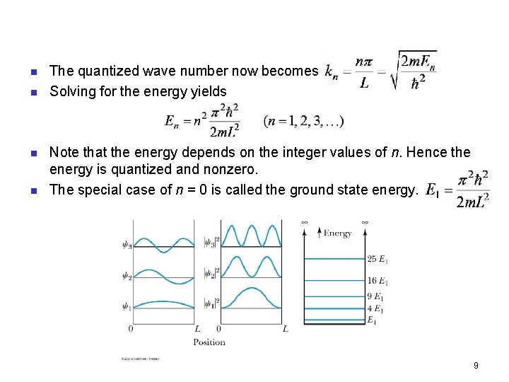 n n The quantized wave number now becomes Solving for the energy yields Note