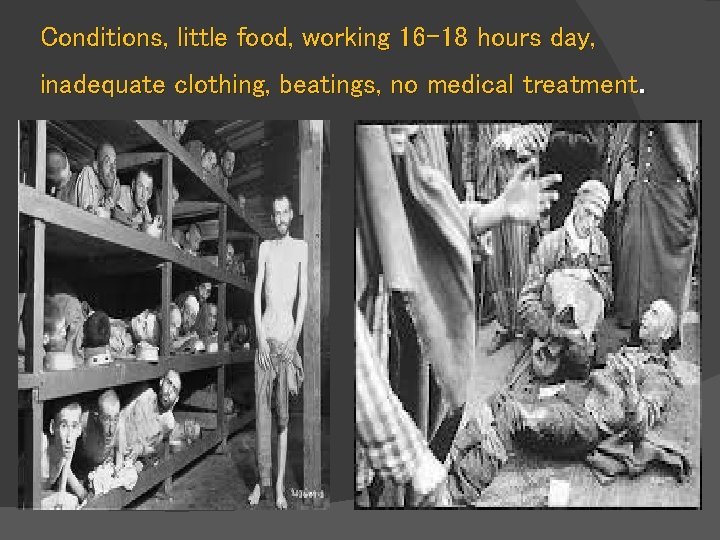 Conditions, little food, working 16 -18 hours day, inadequate clothing, beatings, no medical treatment.