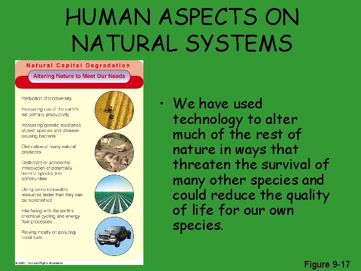HUMAN ASPECTS ON NATURAL SYSTEMS • We have used technology to alter much of