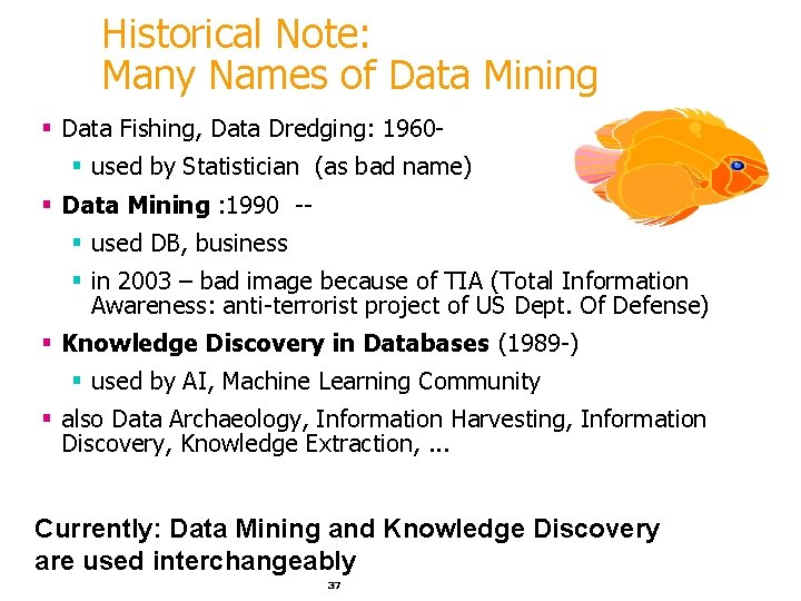 Historical Note: Many Names of Data Mining § Data Fishing, Data Dredging: 1960§ used