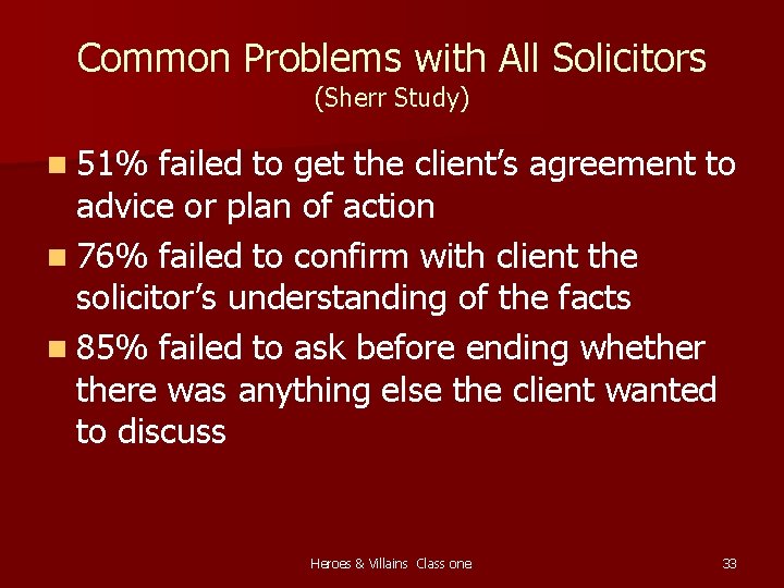 Common Problems with All Solicitors (Sherr Study) n 51% failed to get the client’s