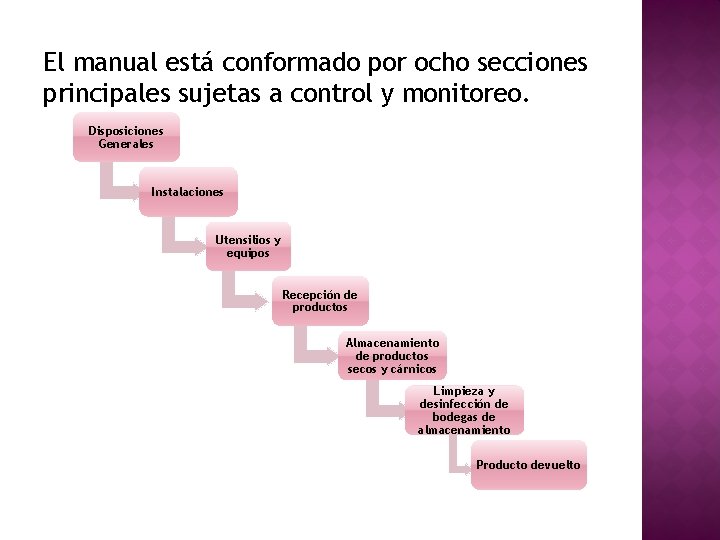 El manual está conformado por ocho secciones principales sujetas a control y monitoreo. Disposiciones
