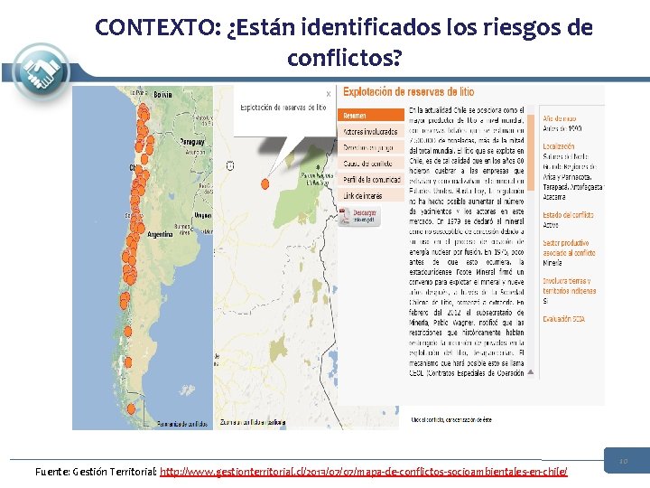 CONTEXTO: ¿Están identificados los riesgos de conflictos? Fuente: Gestión Territorial: http: //www. gestionterritorial. cl/2013/07/07/mapa-de-conflictos-socioambientales-en-chile/ CONTEXTO: ¿Están identificados los riesgos de conflictos? Fuente: Gestión Territorial: http: //www. gestionterritorial. cl/2013/07/07/mapa-de-conflictos-socioambientales-en-chile/