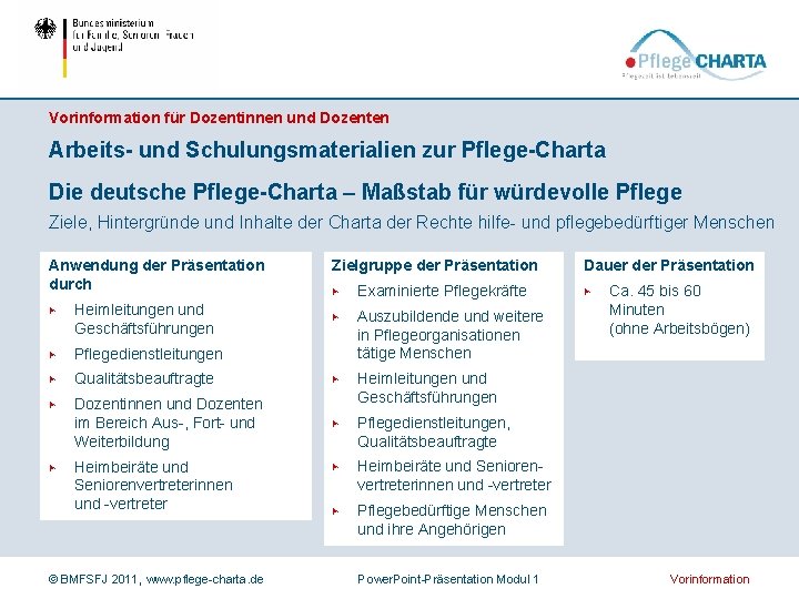Vorinformation für Dozentinnen und Dozenten Arbeits- und Schulungsmaterialien zur Pflege-Charta Die deutsche Pflege-Charta –