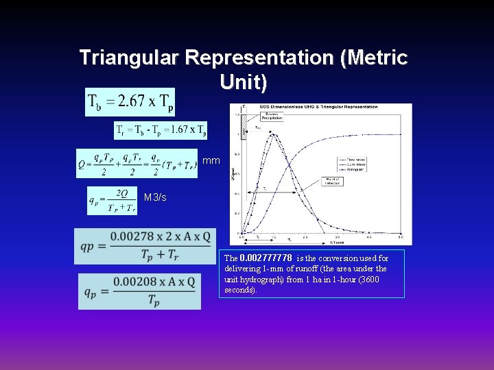 Triangular Representation (Metric Unit) mm M 3/s The 0. 002777778 is the conversion used