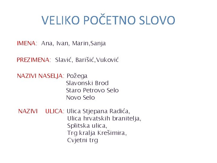 VELIKO POČETNO SLOVO IMENA: Ana, Ivan, Marin, Sanja PREZIMENA: Slavić, Barišić, Vuković NAZIVI NASELJA: