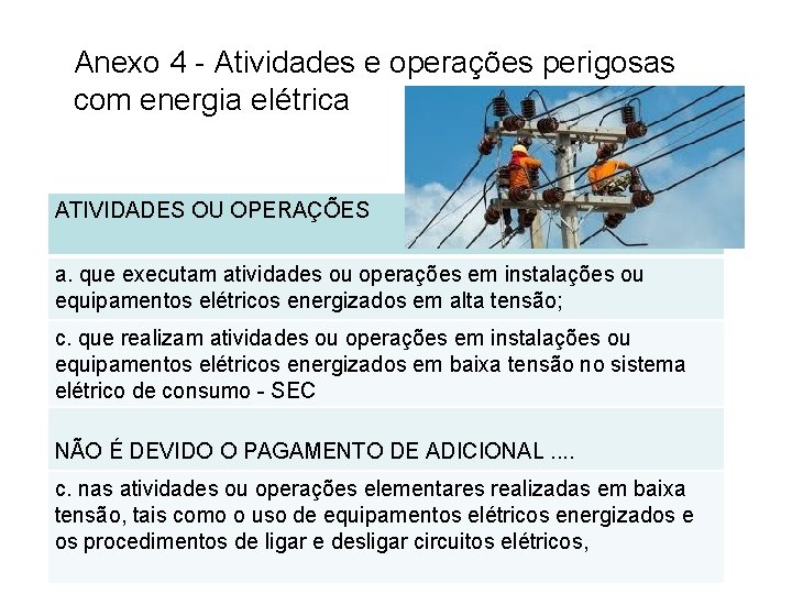 Anexo 4 - Atividades e operações perigosas com energia elétrica ATIVIDADES OU OPERAÇÕES a.