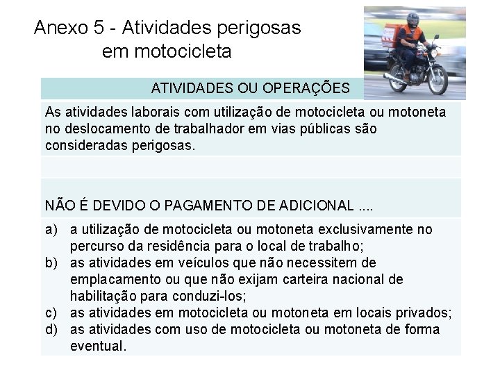 Anexo 5 - Atividades perigosas em motocicleta ATIVIDADES OU OPERAÇÕES As atividades laborais com
