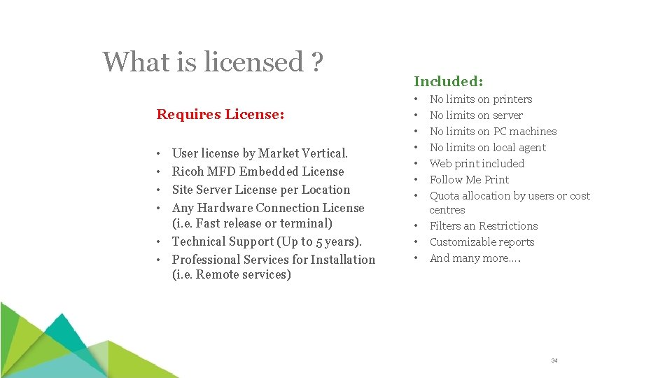What is licensed ? Requires License: • • User license by Market Vertical. Ricoh