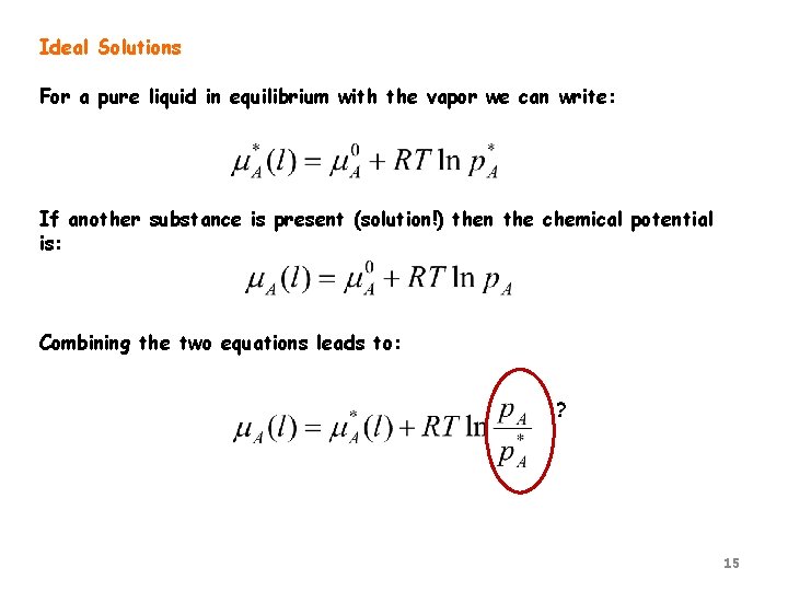 Ideal Solutions For a pure liquid in equilibrium with the vapor we can write: