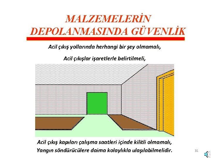 MALZEMELERİN DEPOLANMASINDA GÜVENLİK Acil çıkış yollarında herhangi bir şey olmamalı, Acil çıkışlar işaretlerle belirtilmeli,