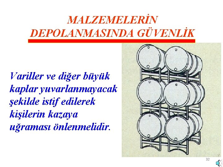 MALZEMELERİN DEPOLANMASINDA GÜVENLİK Variller ve diğer büyük kaplar yuvarlanmayacak şekilde istif edilerek kişilerin kazaya