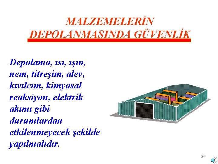 MALZEMELERİN DEPOLANMASINDA GÜVENLİK Depolama, ısı, ışın, nem, titreşim, alev, kıvılcım, kimyasal reaksiyon, elektrik akımı