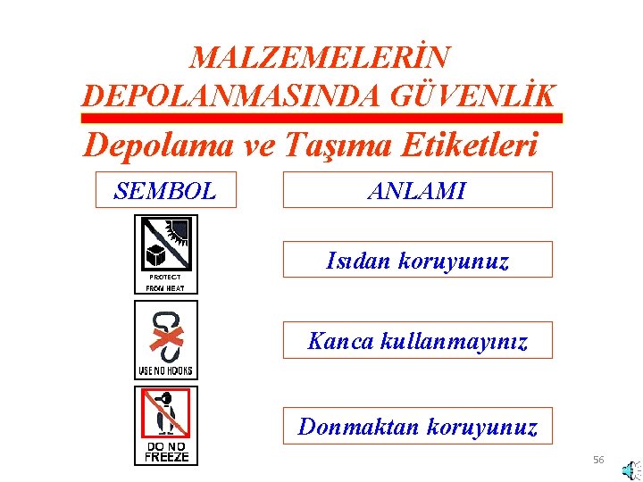 MALZEMELERİN DEPOLANMASINDA GÜVENLİK Depolama ve Taşıma Etiketleri SEMBOL ANLAMI Isıdan koruyunuz Kanca kullanmayınız Donmaktan