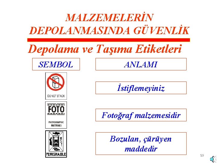 MALZEMELERİN DEPOLANMASINDA GÜVENLİK Depolama ve Taşıma Etiketleri SEMBOL ANLAMI İstiflemeyiniz Fotoğraf malzemesidir Bozulan, çürüyen