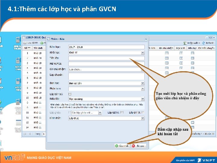 4. 1: Thêm các lớp học và phân GVCN 