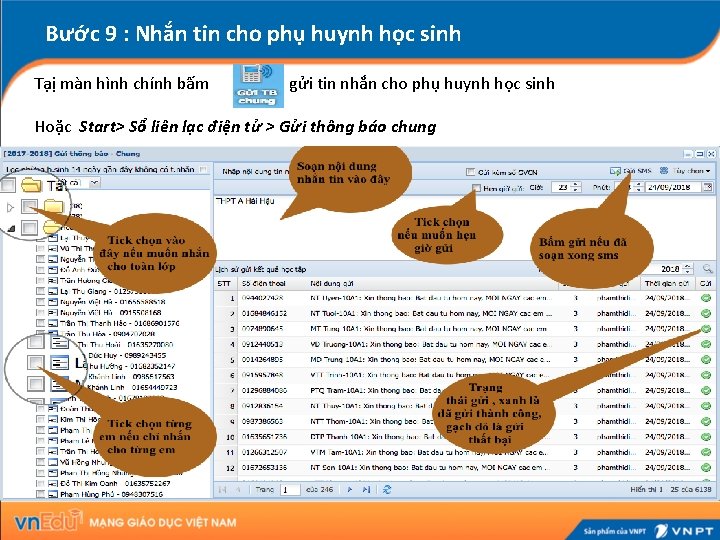 Bước 9 : Nhắn tin cho phụ huynh học sinh Tạị màn hình chính