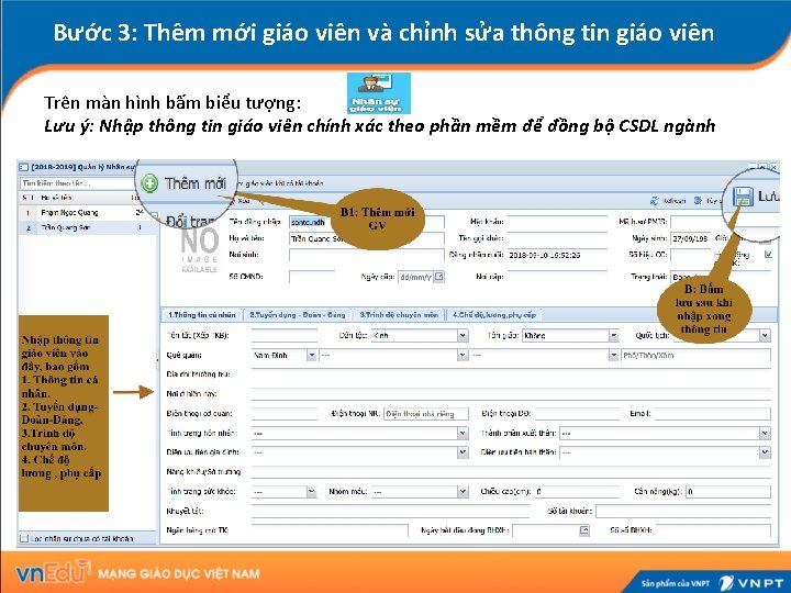 Bước 3: Thêm mới giáo viên và chỉnh sửa thông tin giáo viên Trên