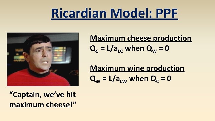 Ricardian Model: PPF Maximum cheese production QC = L/a. LC when QW = 0
