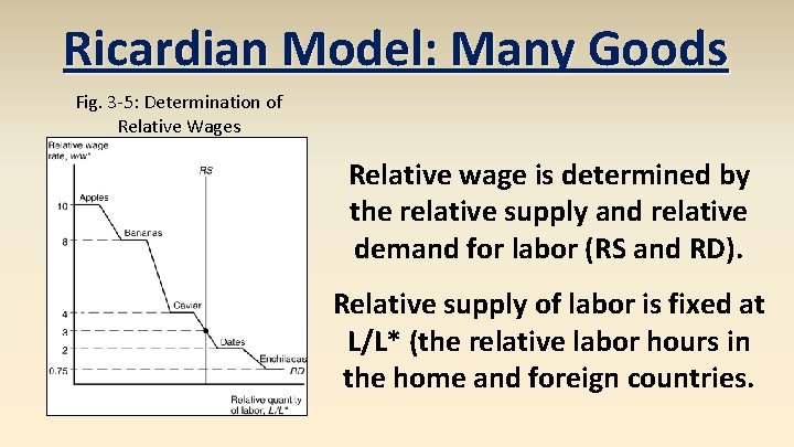 Ricardian Model: Many Goods Fig. 3 -5: Determination of Relative Wages Relative wage is