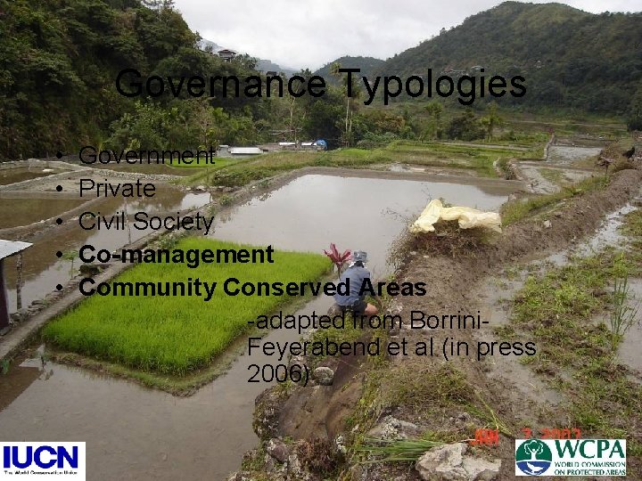 Governance Typologies • • • Government Private Civil Society Co-management Community Conserved Areas -adapted