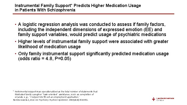 Instrumental Family Support* Predicts Higher Medication Usage in Patients With Schizophrenia • A logistic