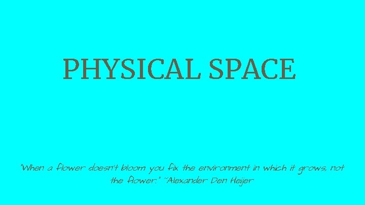 PHYSICAL SPACE “When a flower doesn’t bloom you fix the environment in which it