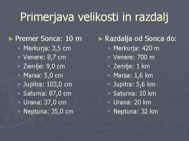 Primerjava velikosti in razdalj ► Premer § § § § Sonca: 10 m Merkurja: