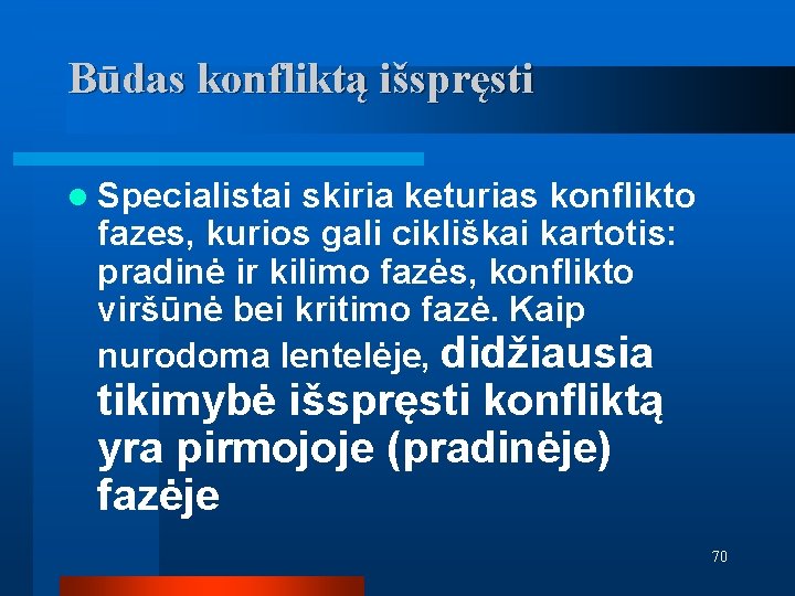 Būdas konfliktą išspręsti l Specialistai skiria keturias konflikto fazes, kurios gali cikliškai kartotis: pradinė