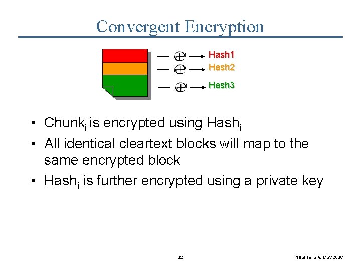 Convergent Encryption Hash 1 Hash 2 File Hash 3 • Chunki is encrypted using