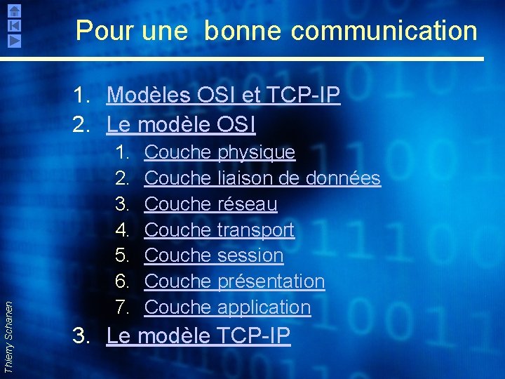 Pour une bonne communication Thierry Schanen 1. Modèles OSI et TCP-IP 2. Le modèle