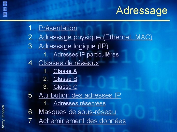 Adressage 1. Présentation 2. Adressage physique (Ethernet, MAC) 3. Adressage logique (IP) 1. Adresses