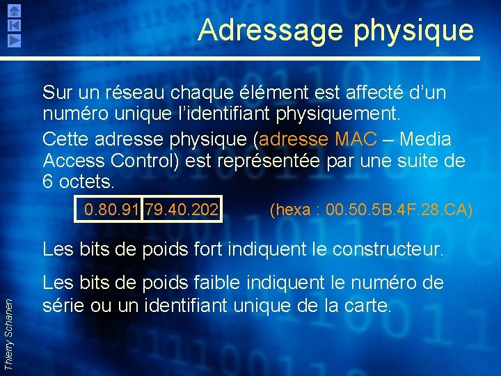 Adressage physique Sur un réseau chaque élément est affecté d’un numéro unique l’identifiant physiquement.