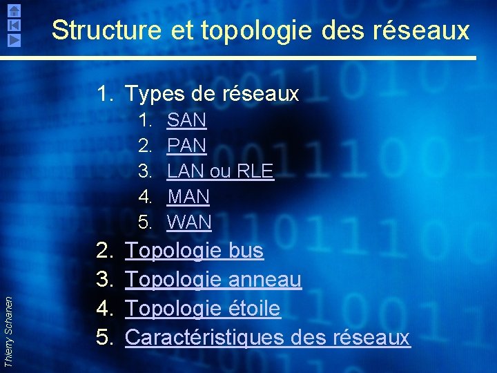 Structure et topologie des réseaux 1. Types de réseaux Thierry Schanen 1. 2. 3.