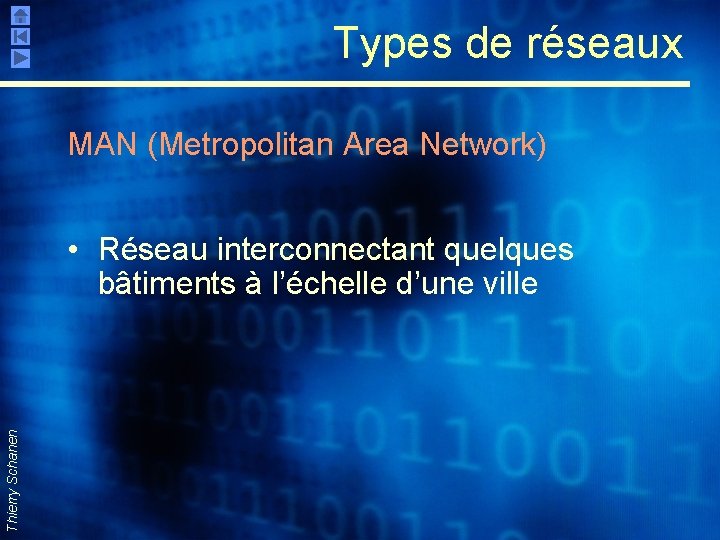 Types de réseaux MAN (Metropolitan Area Network) Thierry Schanen • Réseau interconnectant quelques bâtiments