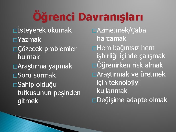 Öğrenci Davranışları � İsteyerek okumak � Yazmak � Çözecek problemler bulmak � Araştırma yapmak