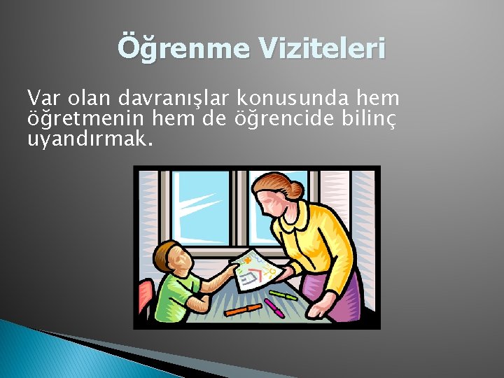 Öğrenme Viziteleri Var olan davranışlar konusunda hem öğretmenin hem de öğrencide bilinç uyandırmak. 