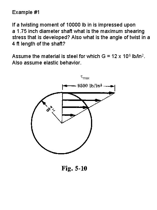 Example #1 If a twisting moment of 10000 lb in is impressed upon a