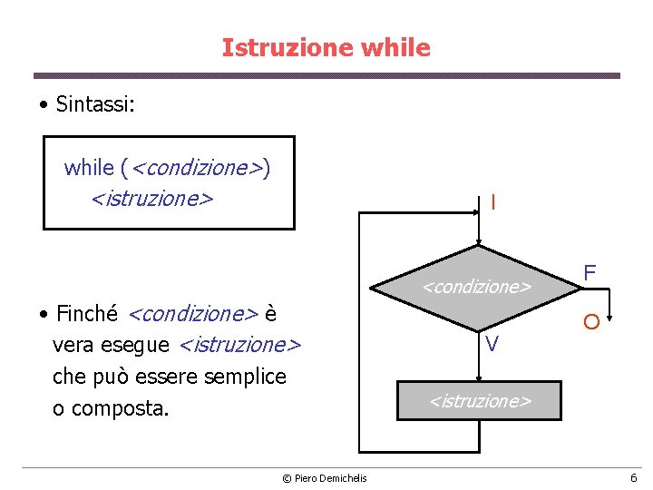 Istruzione while • Sintassi: while (<condizione>) <istruzione> I <condizione> • Finché <condizione> è vera